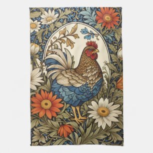 Vintage Farmhouse Hen and Daisy Flowers Tea Towel