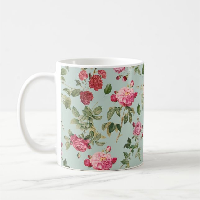 Vintage Farmhouse Pink Floral Rose Coffee Mug (Left)