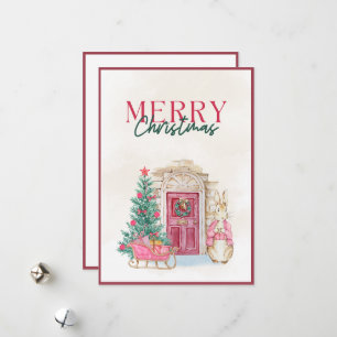 Vintage Farmhouse Pink Script Merry Christmas Holiday Card
