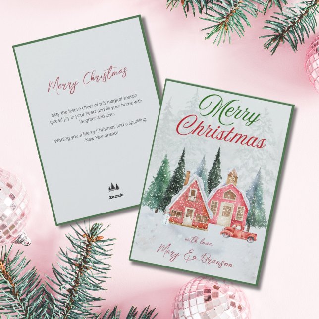 Vintage Farmhouse Pink Truck Village Script Holiday Card (Pink Winter Village Christmas Card)