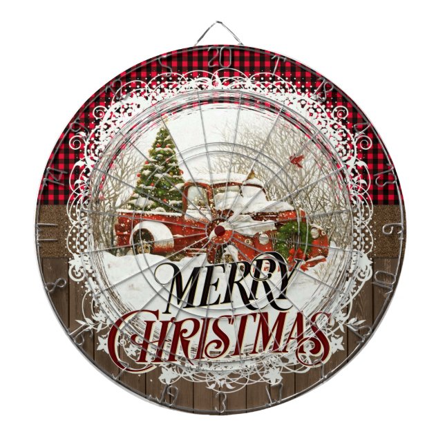 Vintage Farmhouse Red Pickup Truck Merry Christmas Dartboard (Front)