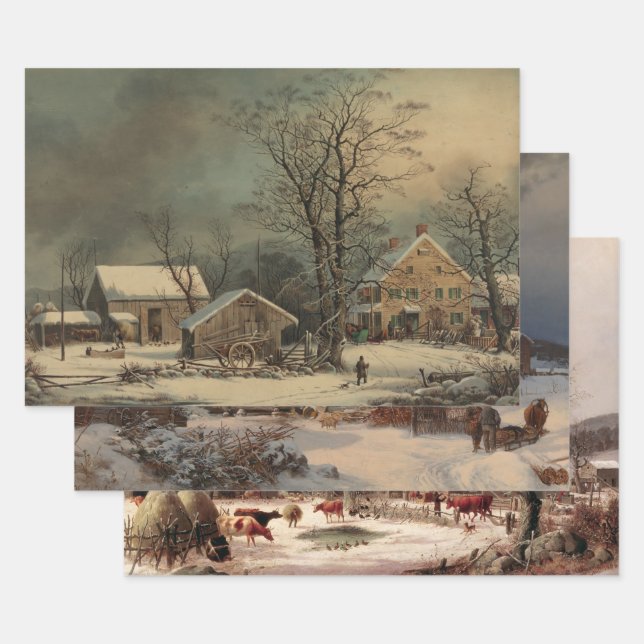 Vintage Farms Winter Decoupage Heavy Weight 3-Set Wrapping Paper Sheet (Set)