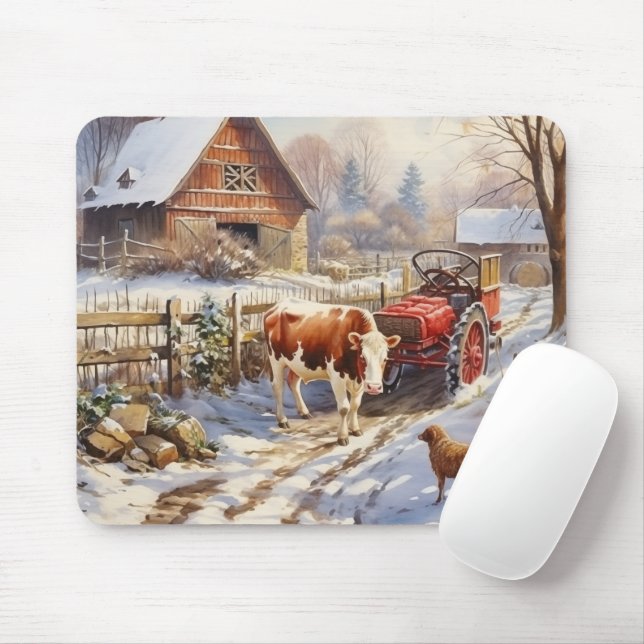 Vintage Farmyard Cow Tractor Winter Mouse Mat (With Mouse)