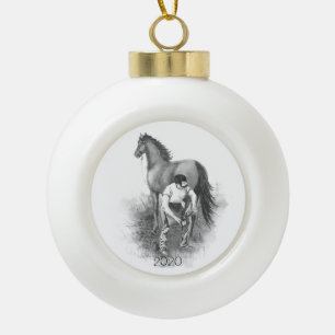 Vintage Farrier Horse Shoeing Black White Art Ceramic Ball Christmas Ornament