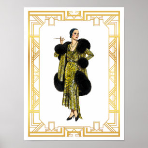 Vintage Fashion 20s Flapper Fur Cape Evening Gown Poster