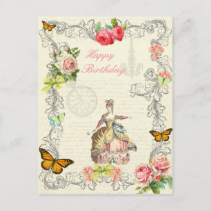 Vintage fashion birthday postcard wirh roses
