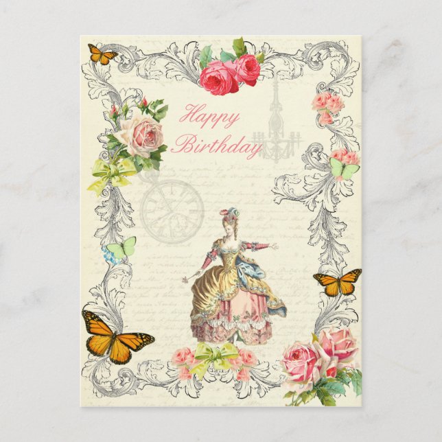 Vintage fashion birthday postcard wirh roses (Front)