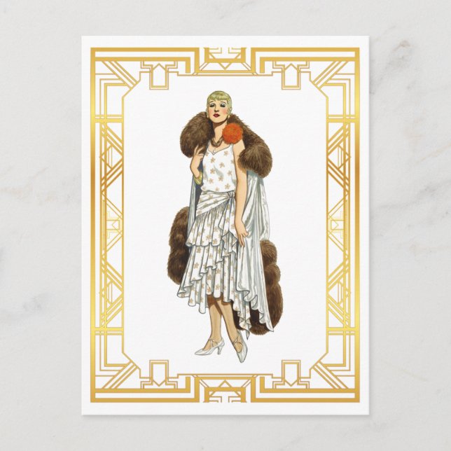 Vintage Fashion Flapper Fur Cape Evening Gown Postcard (Front)
