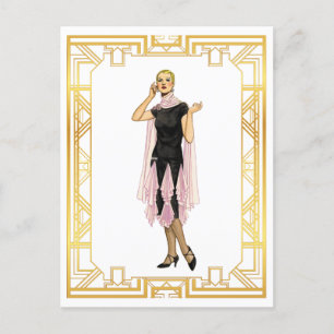 Vintage Fashion Flapper Pink and Black Dress Postcard