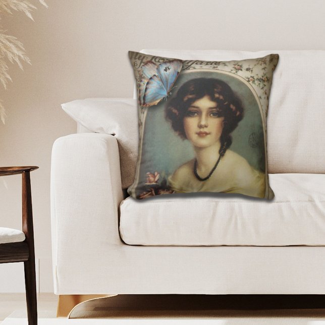 vintage fashion floral butterfly victorian woman cushion (vintage floral butterfly parisian victorian throw pillow)
