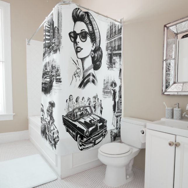 Vintage Fashion Girl Drawing Shower Curtain (In Situ)