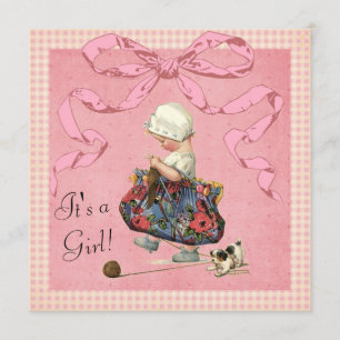 Vintage Fashion Girl Pink Ribbon Baby Shower Invitation