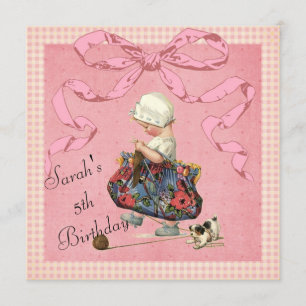 Vintage Fashion Girl Pink Ribbon Birthday Invites