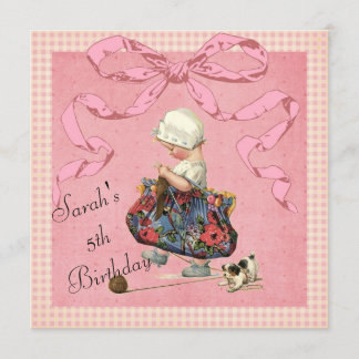 Vintage Fashion Girl Pink Ribbon Birthday Invites