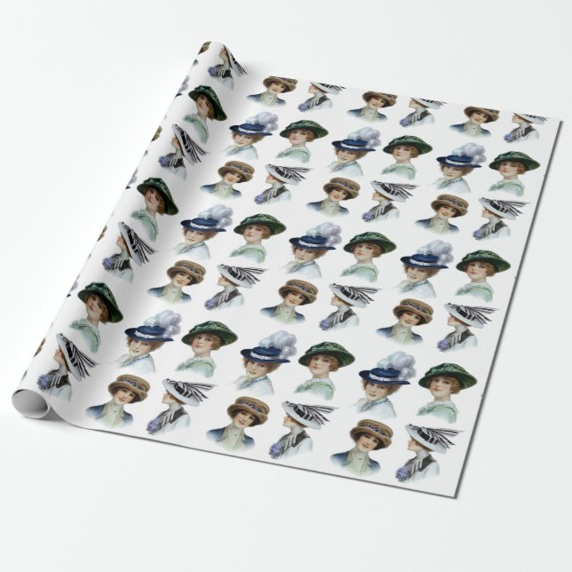 Vintage Fashion Girls in Edwardian Hats Wrapping Paper (Unrolled)