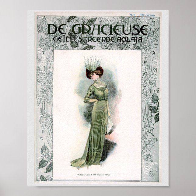 Vintage Fashion Illustration Elite Lady Green Gown Poster (Front)