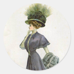  Vintage Fashion Illustration Lady Botanical Hat   Classic Round Sticker