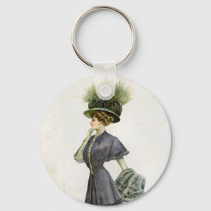  Vintage Fashion Illustration Lady Botanical Hat   Key Ring