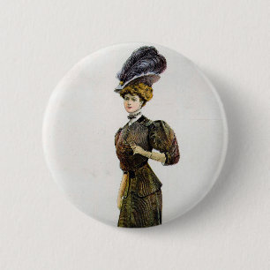 Vintage Fashion Illustration Lady Feather Boa Hat  6 Cm Round Badge