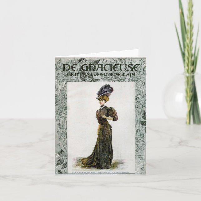 Vintage Fashion Illustration Lady Feather Boa Hat  Card (Front)