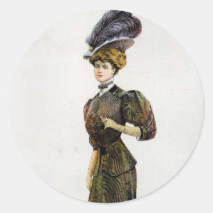 Vintage Fashion Illustration Lady Feather Boa Hat  Classic Round Sticker