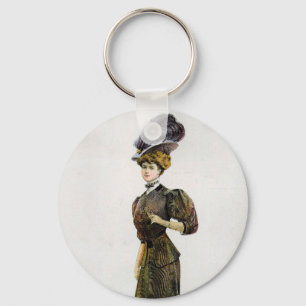 Vintage Fashion Illustration Lady Feather Boa Hat Key Ring