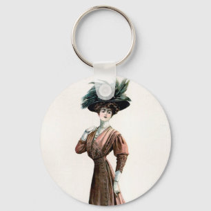 Vintage Fashion Illustration Lady Feather Hat Key Ring