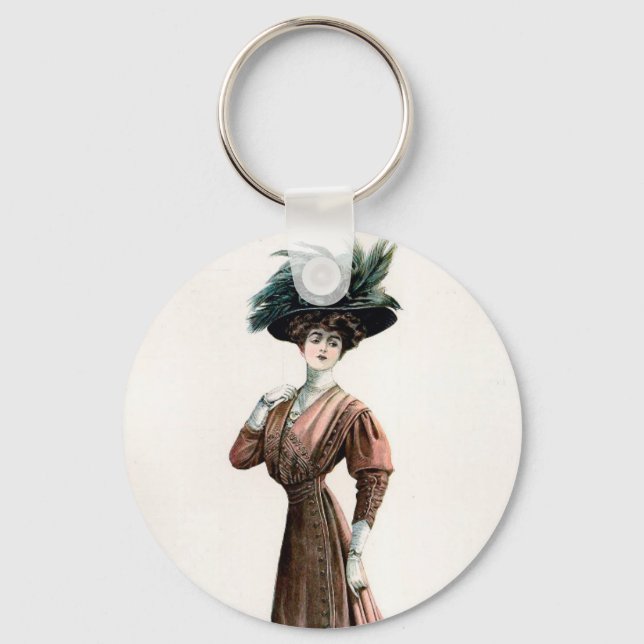 Vintage Fashion Illustration Lady Feather Hat   Key Ring (Front)