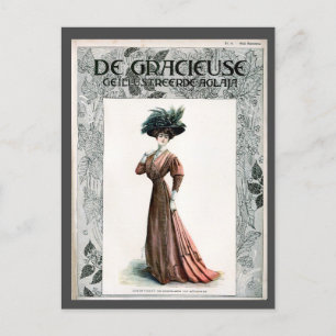 Vintage Fashion Illustration Lady Feather Hat Postcard