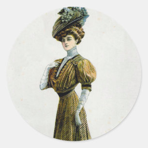 Vintage Fashion Illustration Lady In Grapes Hat Classic Round Sticker