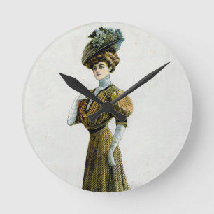 Vintage Fashion Illustration Lady In Grapes Hat  Round Clock