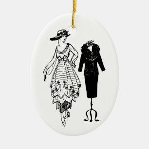 Vintage Fashion Woman's Black Dress and Mannequin Ceramic Tree Decoration