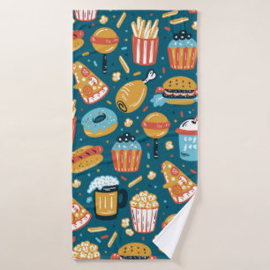 vintage Fast Food Icons Seamless Pattern. Repeat C Bath Towel