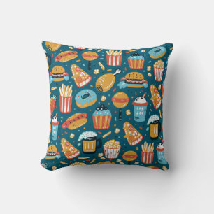 vintage Fast Food Icons Seamless Pattern. Repeat C Cushion