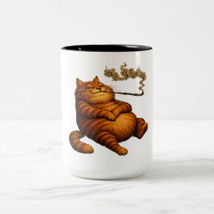 Vintage Fat Orange Cat Smoking Pipe Cosy Art Two-Tone Coffee Mug