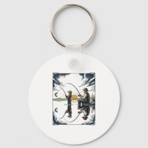 Vintage Father and Child Fishing Engraving Shirt D Key Ring