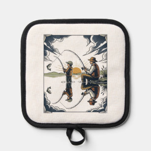 Vintage Father and Child Fishing Engraving Shirt D Pot Holder