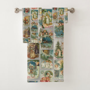 Vintage Father Christmas, Angels & Winter Collage Bath Towel Set