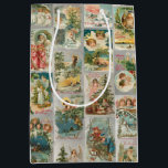 Vintage Father Christmas, Angels & Winter Collage Medium Gift Bag<br><div class="desc">Festive Christmas collage featuring Victorian cards from a series published in 1908 featuring Santa,  angels,  happy children,  pine forests,  quaint village churches and rustic snowy winter scenes on silver background.</div>