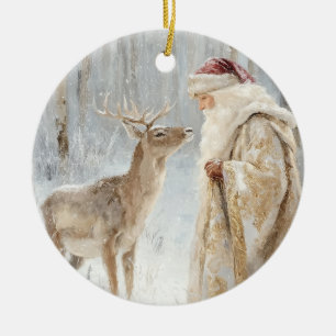 Vintage Father Christmas Deer Ceramic Tree Decoration