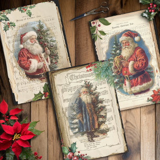 Vintage Father Christmas Floral Music Ephemera Wrapping Paper Sheet