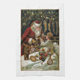 Vintage Father Christmas Giving Gifts to Child Tea Towel