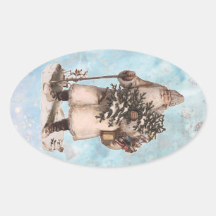 Vintage Father Christmas Santa Silver Snow Falling Oval Sticker