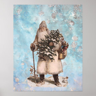 Vintage Father Christmas Santa Silver Snow Falling Poster