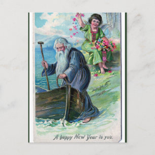 Vintage Father Time and Cherub Happy New Year Postcard