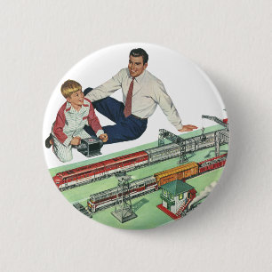 Vintage Father's Day, Dad and Son with Trains 6 Cm Round Badge