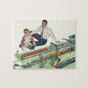 Vintage Father's Day, Dad and Son with Trains Jigsaw Puzzle