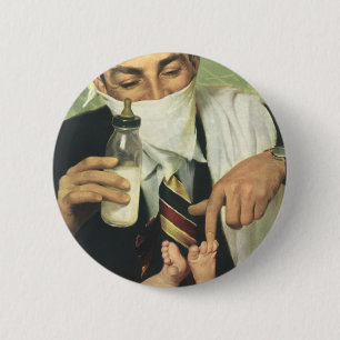 Vintage Father's Day, Dad Giving Baby a Bottle 6 Cm Round Badge