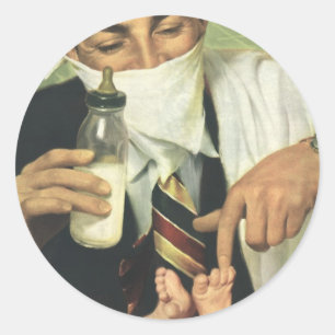 Vintage Father's Day, Dad Giving Baby a Bottle Classic Round Sticker