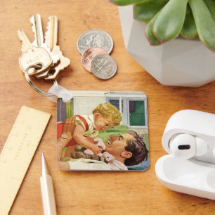 Vintage Fathers Day, Happy Family in the Suburbs Key Ring
